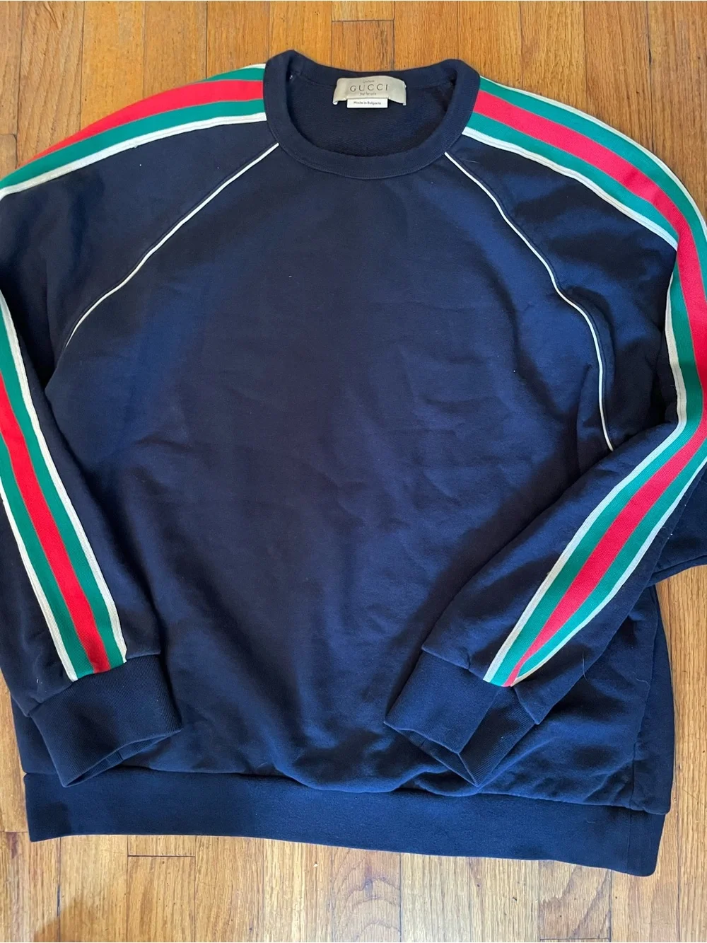 Gucci Navy Crewneck Sweatshirt with Red and Green Sleeve Stripes Size XL